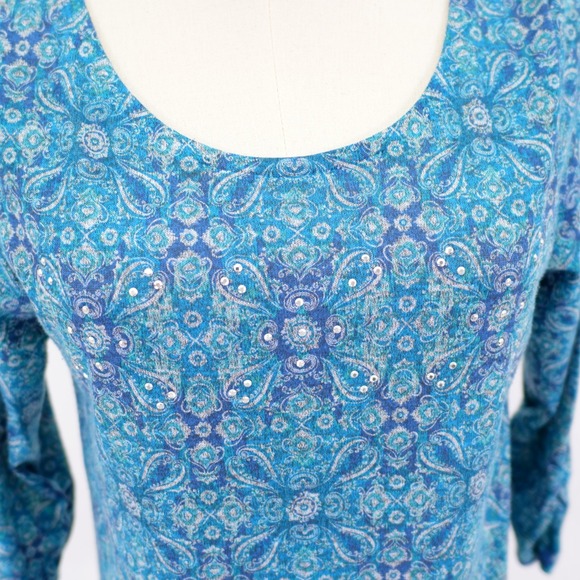 Kim Rogers PM Petite Teal Blue Rhinestone Scoop Neck Scrun 3/4 Sleeve Blouse Top - Picture 2 of 8